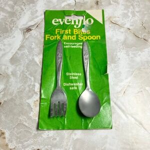 VTG Evenflo First Bites baby fork & spoon set stainless steel rose design NEW